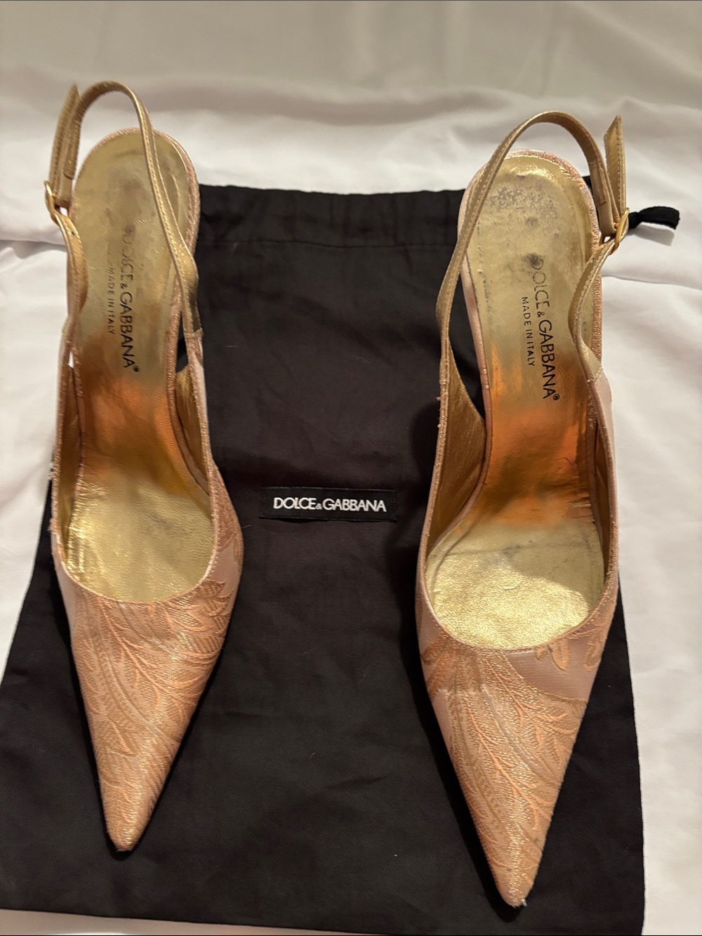 Dolce & Gabbana Metallic Gold Embroidered Pointed Slingback Heels